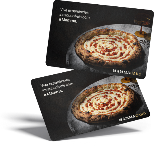 Cartões-presente MammaCard estampados com a Pizza Mamma Pepe e a mensagem Viva experiências inesquecíveis com a Mamma